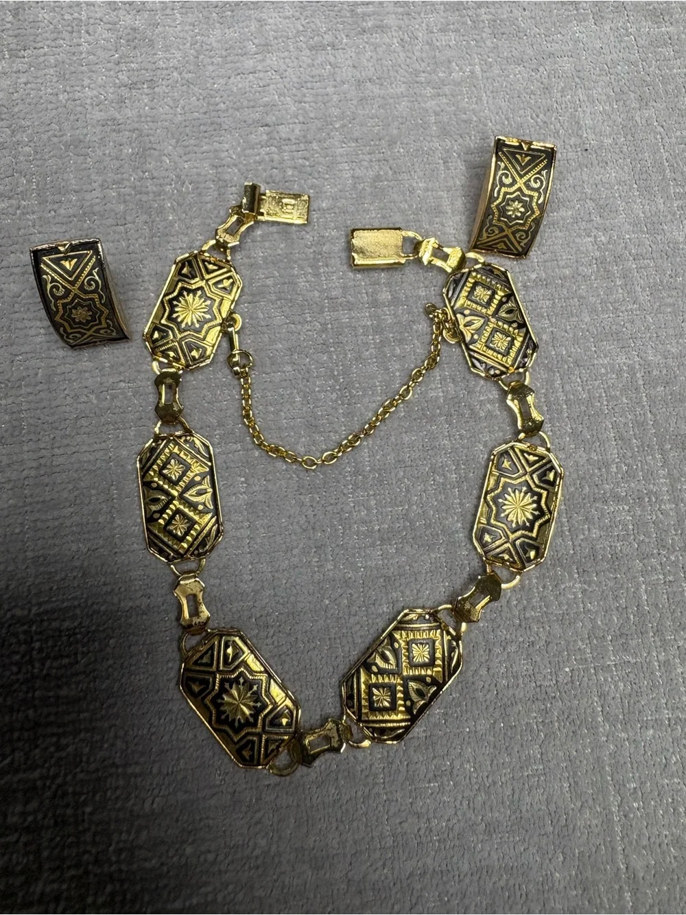 Bracelet & Earring Set Signed Vintage Damascene Toledo Mid-century Spain